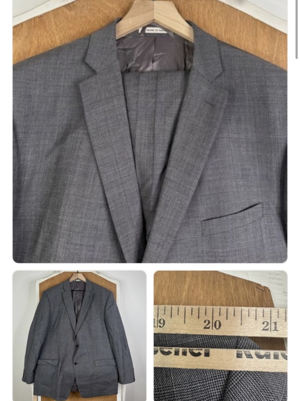 Joseph Abboud Suit Mens 48L Gray Glen Check 2 Button 100% Wool Pants 40x30 Flat